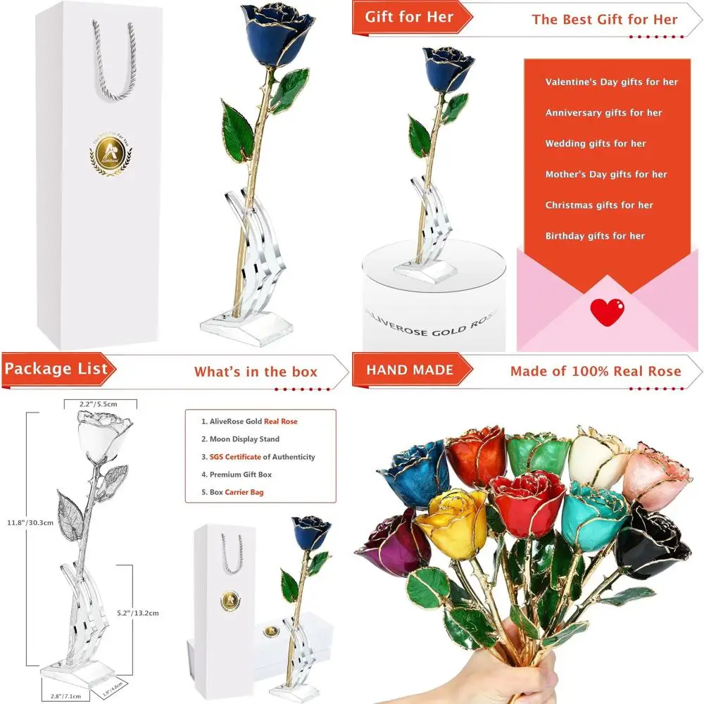 

Настоящая роза с покрытием из 24-каратного золота — уникальный синий ручной работы с подставкой для особых случаев