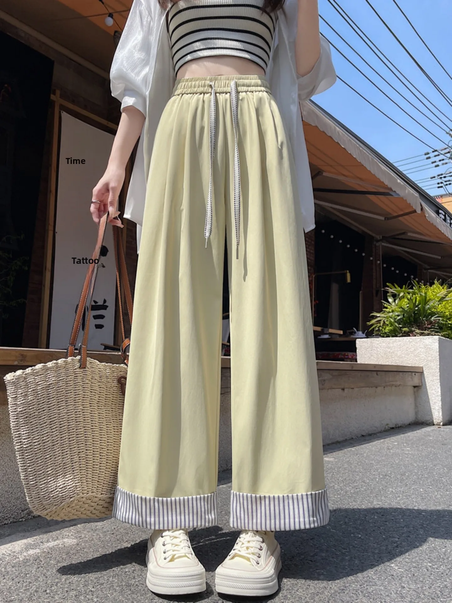 Ice Silk Striped Wide Leg Pants Women Summer Thin Small Loose Slimming Drapey Cuffed Straight Casual Nine Point Pants