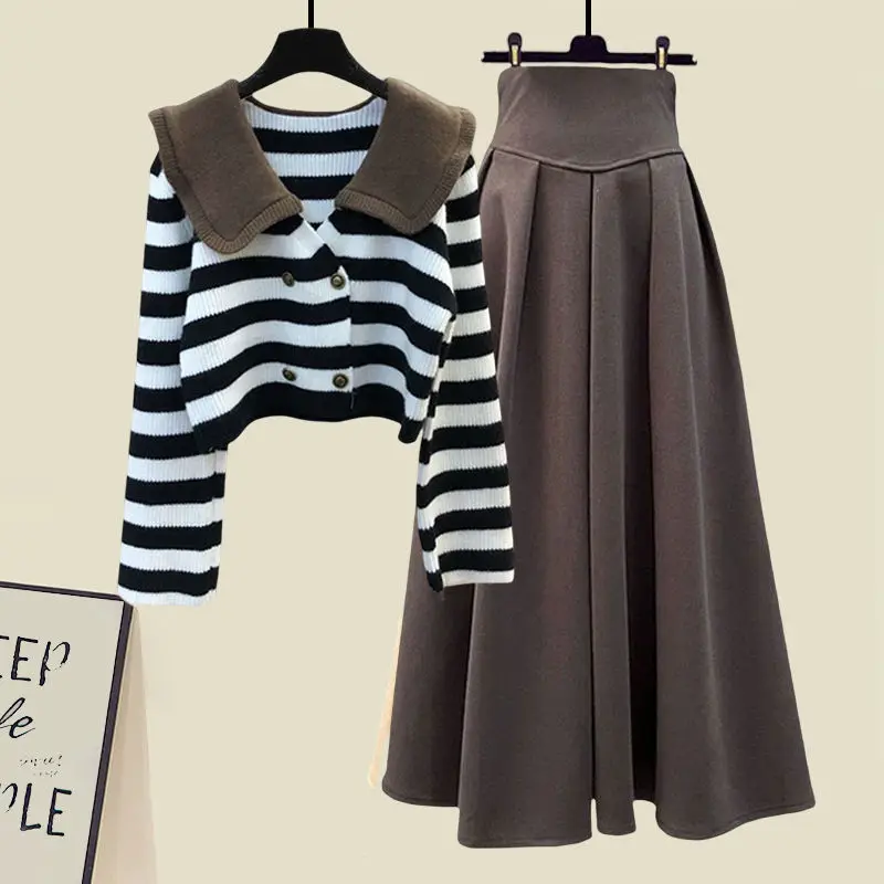 Large Women's Autumn and Winter New Set 2023 Fashion Slim Doll Neck Sweater High Waist Half Skirt Two Piece Set