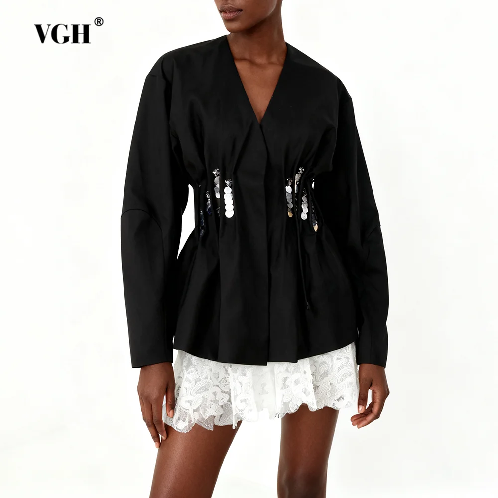 

VGH Элегантные хитовые цветные кружевные куртки для похудения для женщин с v-образным вырезом и длинным рукавом с высокой талией, дизайнерская куртка Sense, женская мода