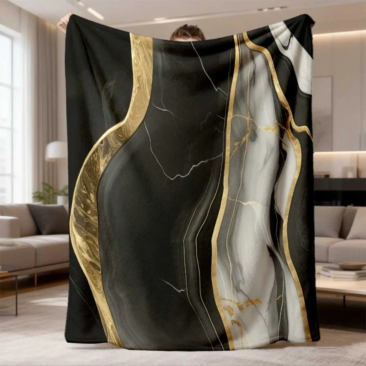 Modern Black White Gold Marble Pattern Flannel Blanket Soft Comfortable Throw Blanket Abstract Art Print Blanket