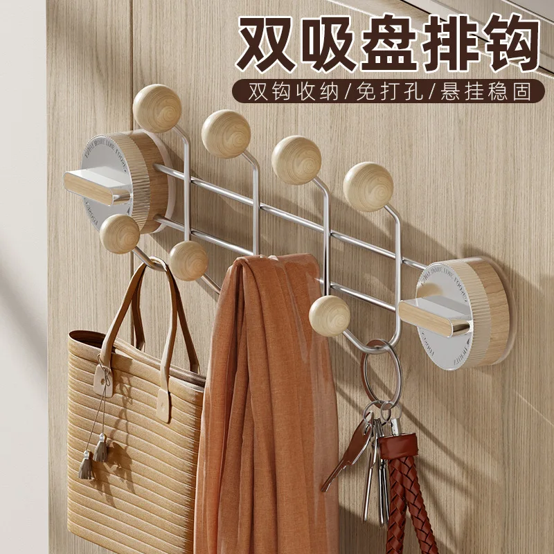 Non-punching suction cup row hook stainless steel strong load-bearing household bathroom kitchen door double row ball hook