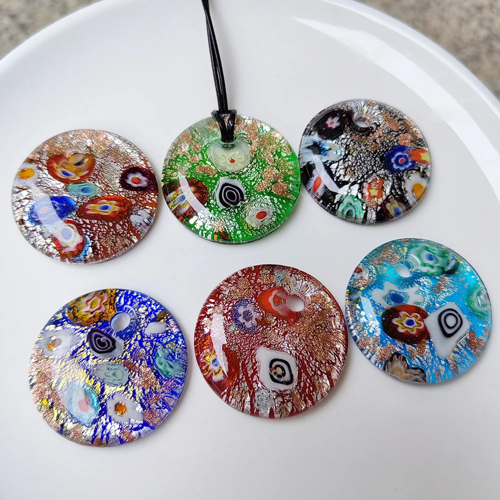 6PCS Vintage Blue Round Glass Murano Crystal Flower Pendant Necklace For Women Floral Swirl Lampwork Cheap Item  Jewelry Gift