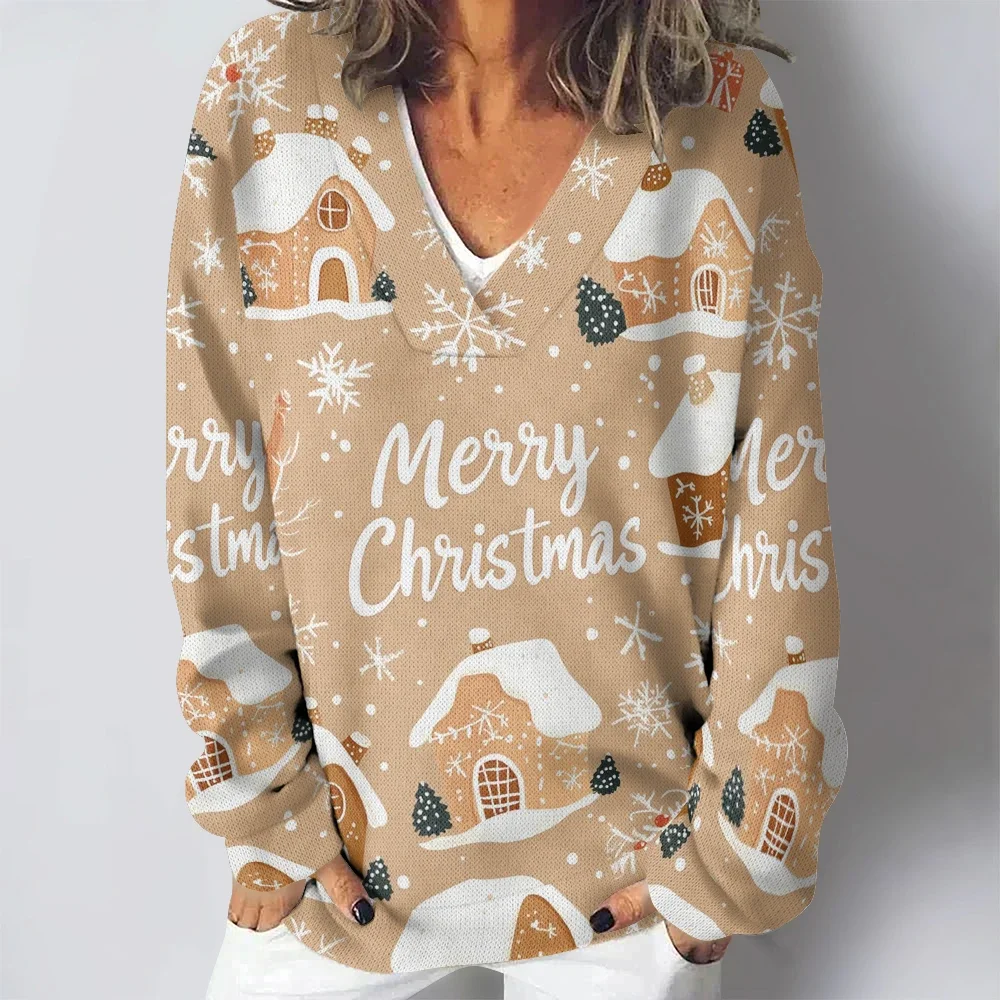 Cute Gingerbread Man Print V-neck Casual Hoodie Women Winter Classic Sweatshirt Sexy Elegent Pullovers Colorful Loose Jumpers