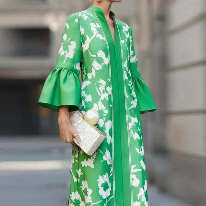 French Style Floral Print Elegant Party Dresses Woman Sexy V Neck Slim A-Line Long Dress Autumn Flare Sleeve Vacation Maxi Dress