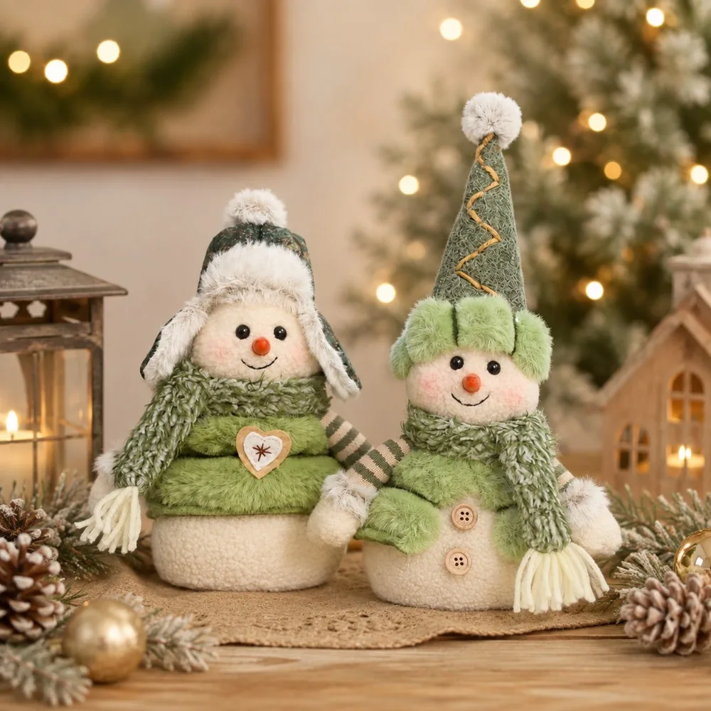Two-piece Christmas green snowman figurines, presenting a fresh and soft green-themed snowman design with gentle texture and eye