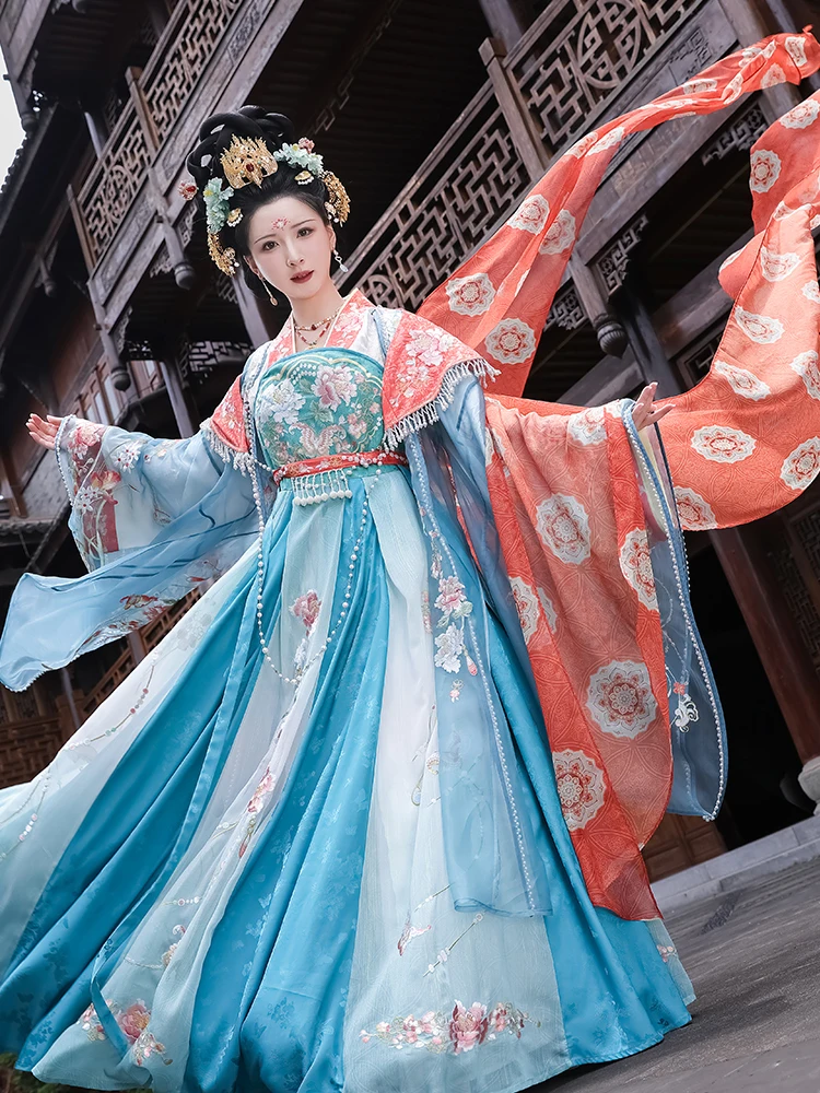 

Костюм Ханьфу в стиле поздней династии Тан, комплект из 5 предметов: юбка Хариса с широкими рукавами, пояс в тон, цвет синий озерный, женская одежда