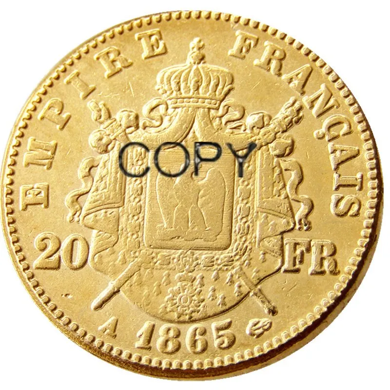 France 20 France 1865A Napoleon III Gold Plated Copy Decorative Coin