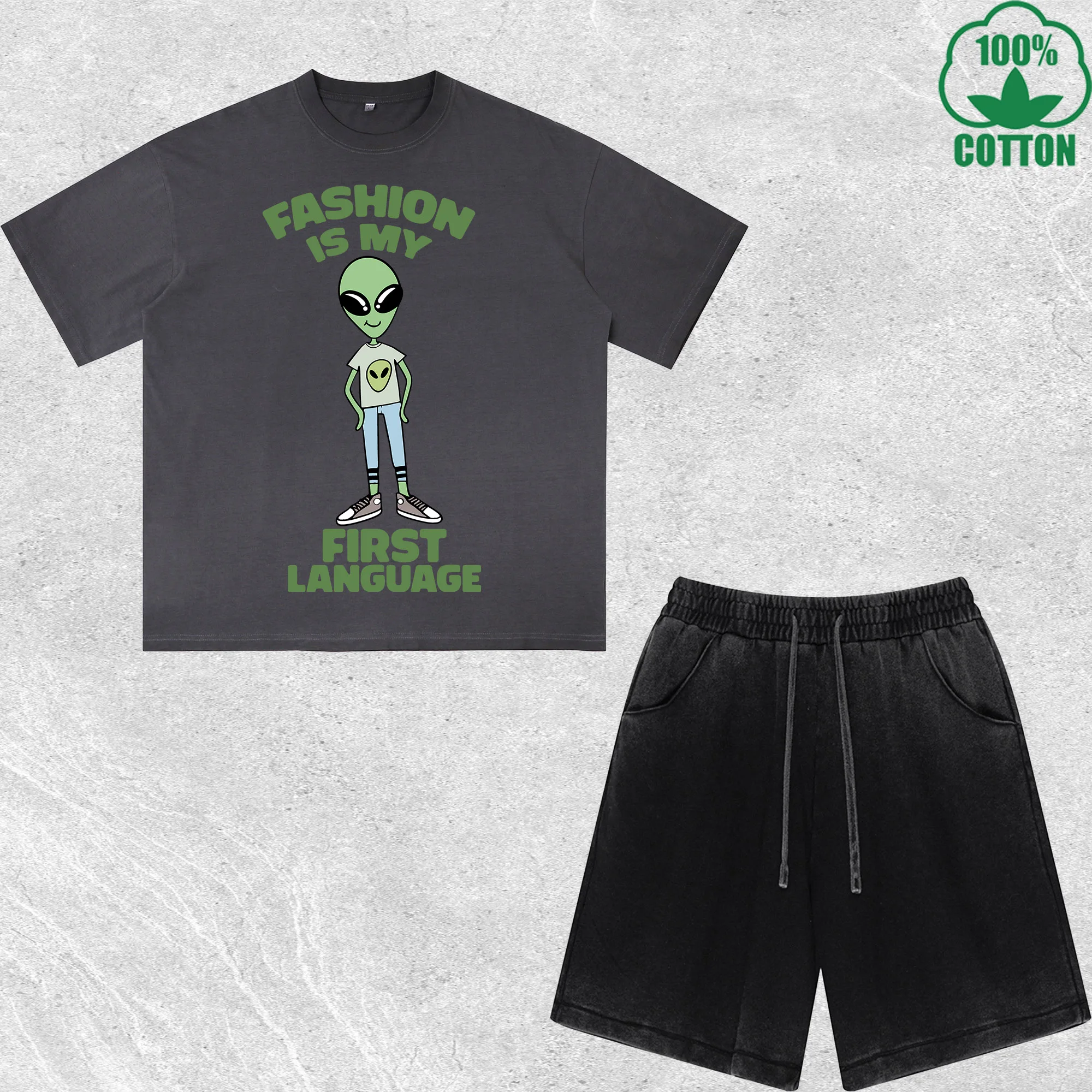 

First Language Printed Dirty Wash T-Shirt Shorts Set Multicolor Combo Loose Trendy Fashionable 100%Cotton