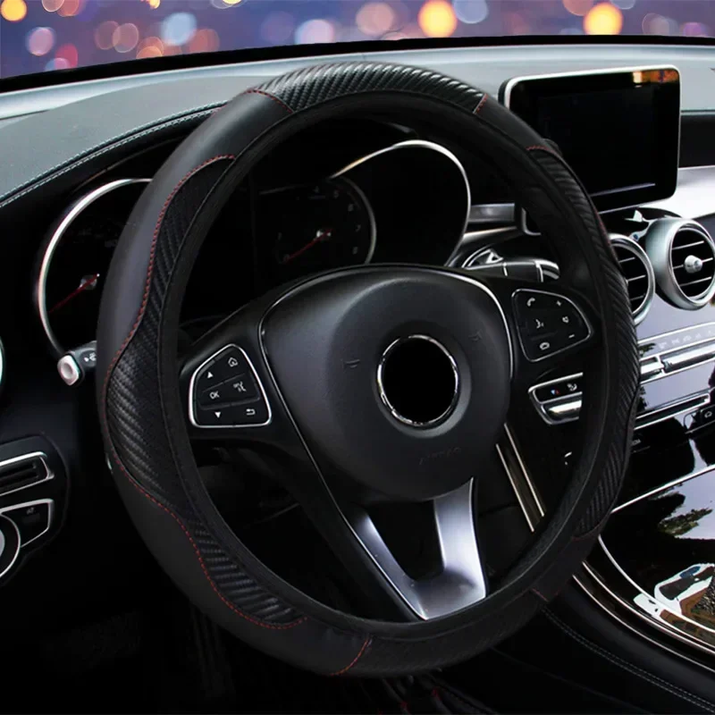 Car 37-38.5cm Steering Wheel Cover Breathable Anti Slip PU Leather Steering Covers Suitable Auto Decoration Carbon Fiber