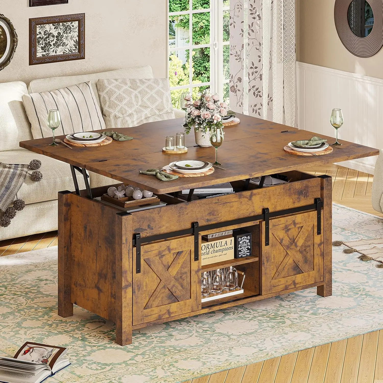 Lift Top Coffee Table Storage Hidden Compartment Convertible Dining Table Small Living Room, Customized