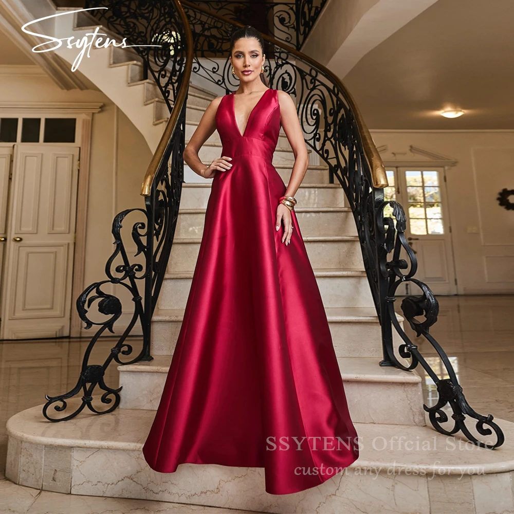 

SSYTENS Elegant Satin Evening Dresses V-Neck Sleeveless Backless A-Line Party Dress 2026 Formal Occasion Prom Gowns Customized