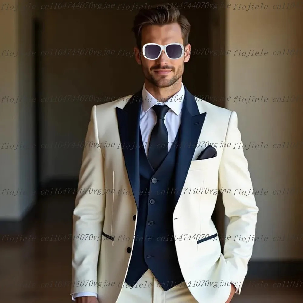

White And Navy Blue Men Suit Formal Wedding Party Groom Groomsman Business Male Tuxedos Customized 3 Piece Set Jacket Vest Pants