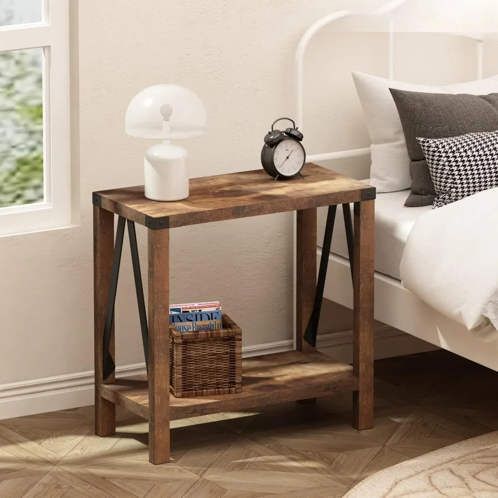 

Farmhouse End Table for Small Spaces, Narrow Side End Table with Storage Shelf, Rustic A-Design Nightstand Sofa Table