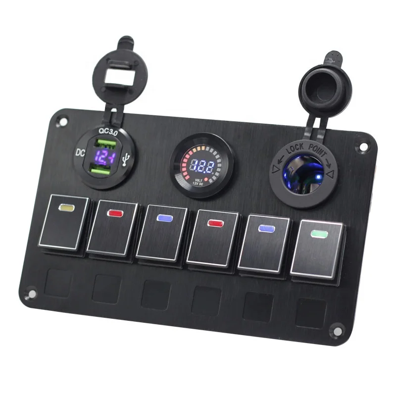 

Led Illuminated Marine Car Switch Panel Waterproof 6 Gang Switch Panel With USB Socket QC 3.0 Charger Voltmeter For Truck RV