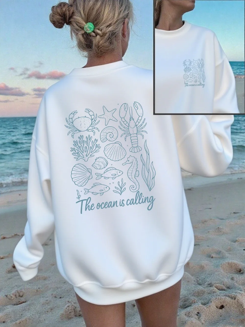 المحيط يدعو يطبع البلوز المرأة Crewneck أساسيات هوديي فضفاض الصوف الدافئة البلوز الشتاء ملابس امرأة مريحة #1