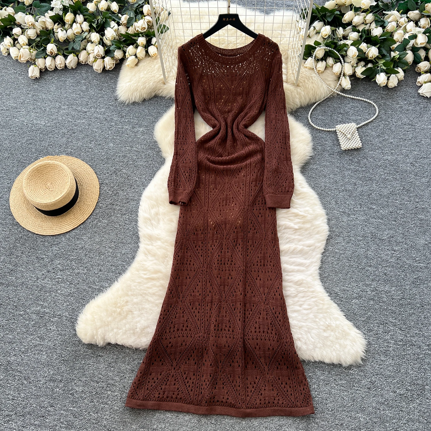 Chic vintage Knit hollow out pleated loose Elegant Fairy korean fashion Boho Sundress women clothing Long dress