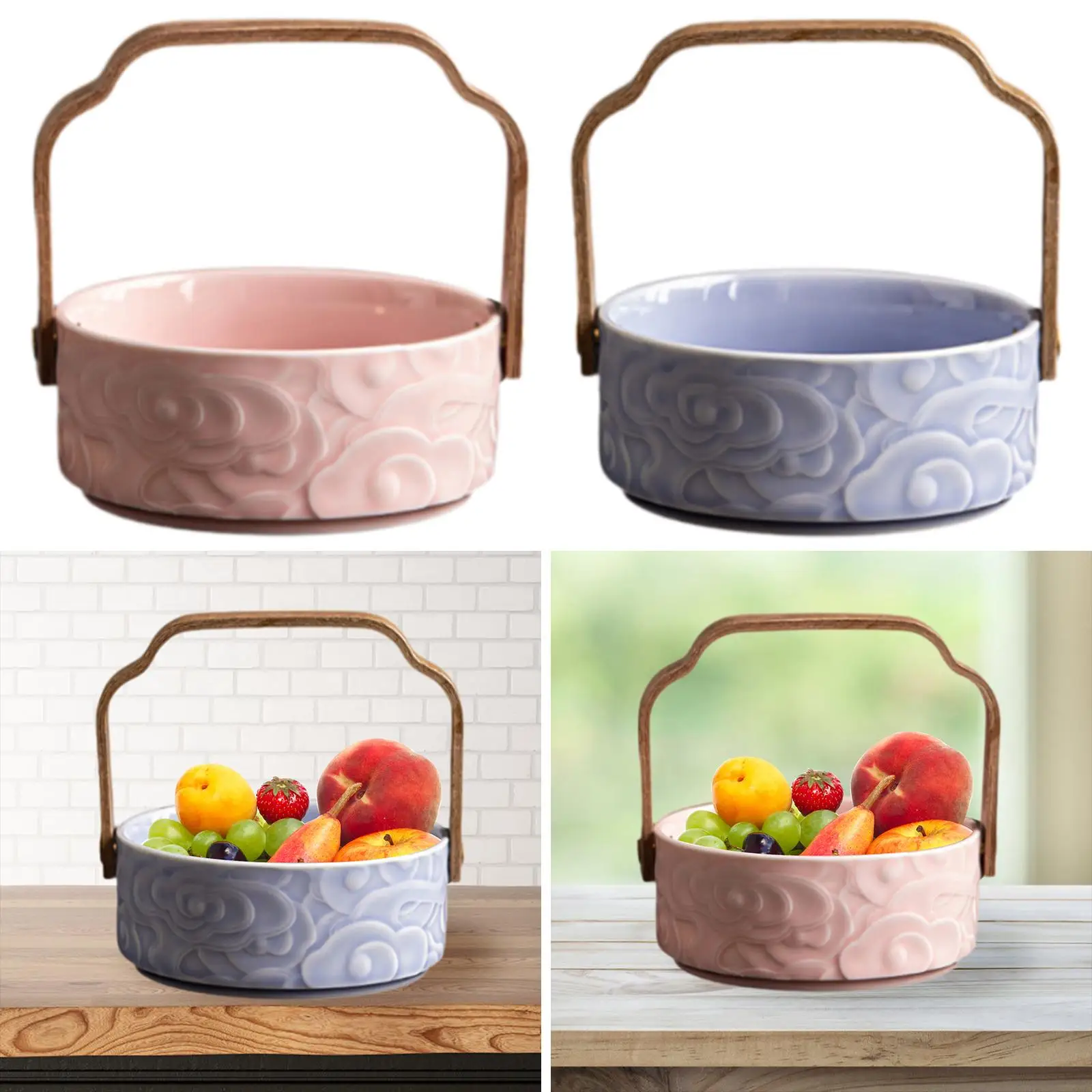 , Fruit Container Holder Decoration Wooden Handle Food Serving Basket Snack