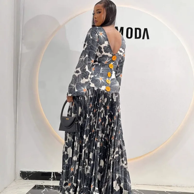 

Floral Printed Women Long Maxi Dress Long Sleeve Pleated Bodycon Dresses 2025 Summer Sexy Backless Night Club Party Vestidos