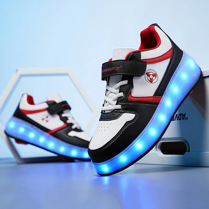 Scarpe a rotelle in pelle PU per bambini 4 ruote moda LED pattini per bambini scarpe da ginnastica per ragazzi e ragazze taglia 29-40,