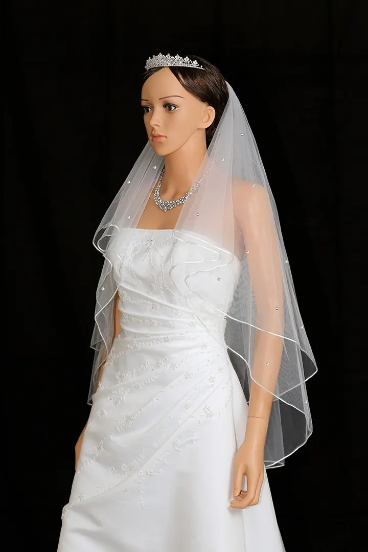 2T 2 Tier Rattail Scattered Rhinestone Crystal Bridal Wedding Veil