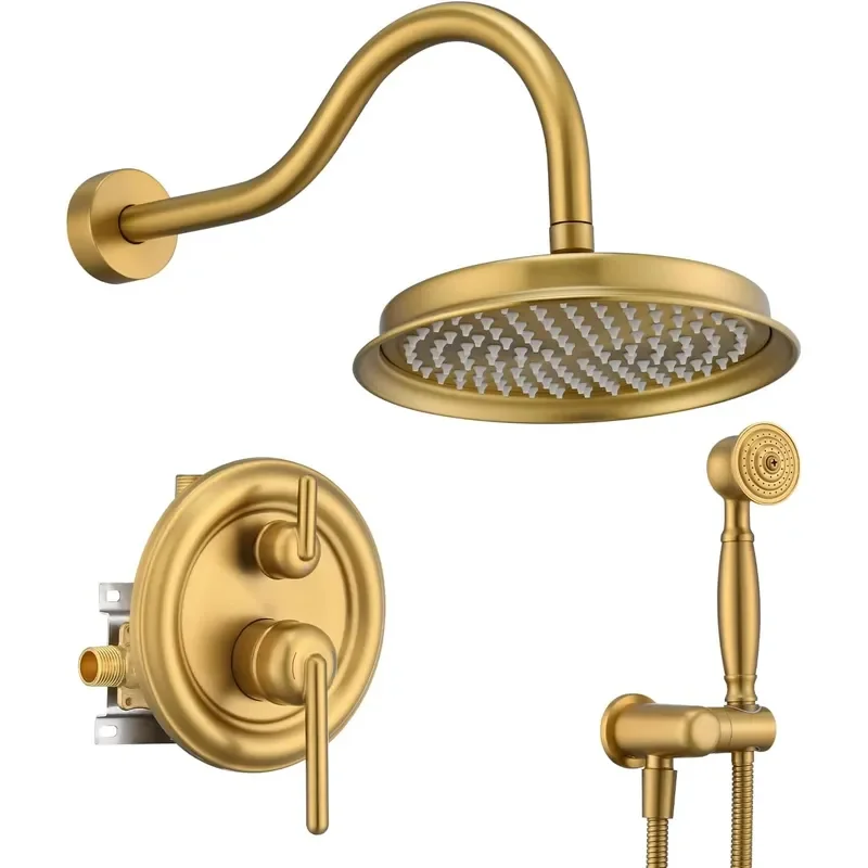 Modern Rainfall Shower System Thermostatic Faucet Set Brushed Gold Finish Wall Mount Shower Combo Rain Handheld Shower