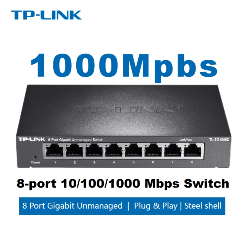 TP-Link TL-SG1008D 8 Port Gigabit Unmanaged Ethernet Network Switch, Ethernet Splitter Plug & Play Fanless Metal Design