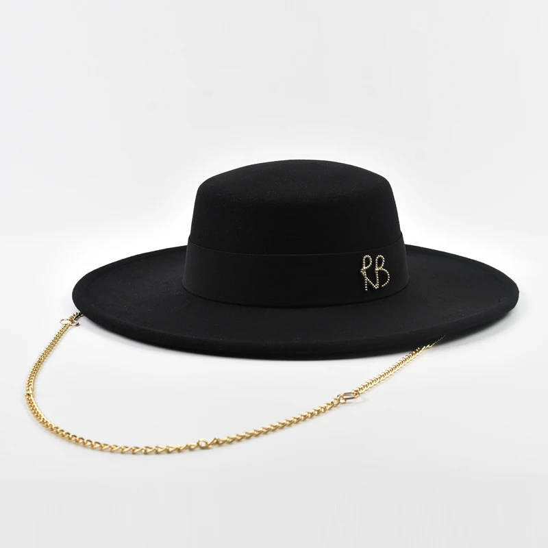 French Women's Hat 10CM Wide Brim Felt Fedora Hat Metal Chain Decor Derby Wedding Jazz Hats