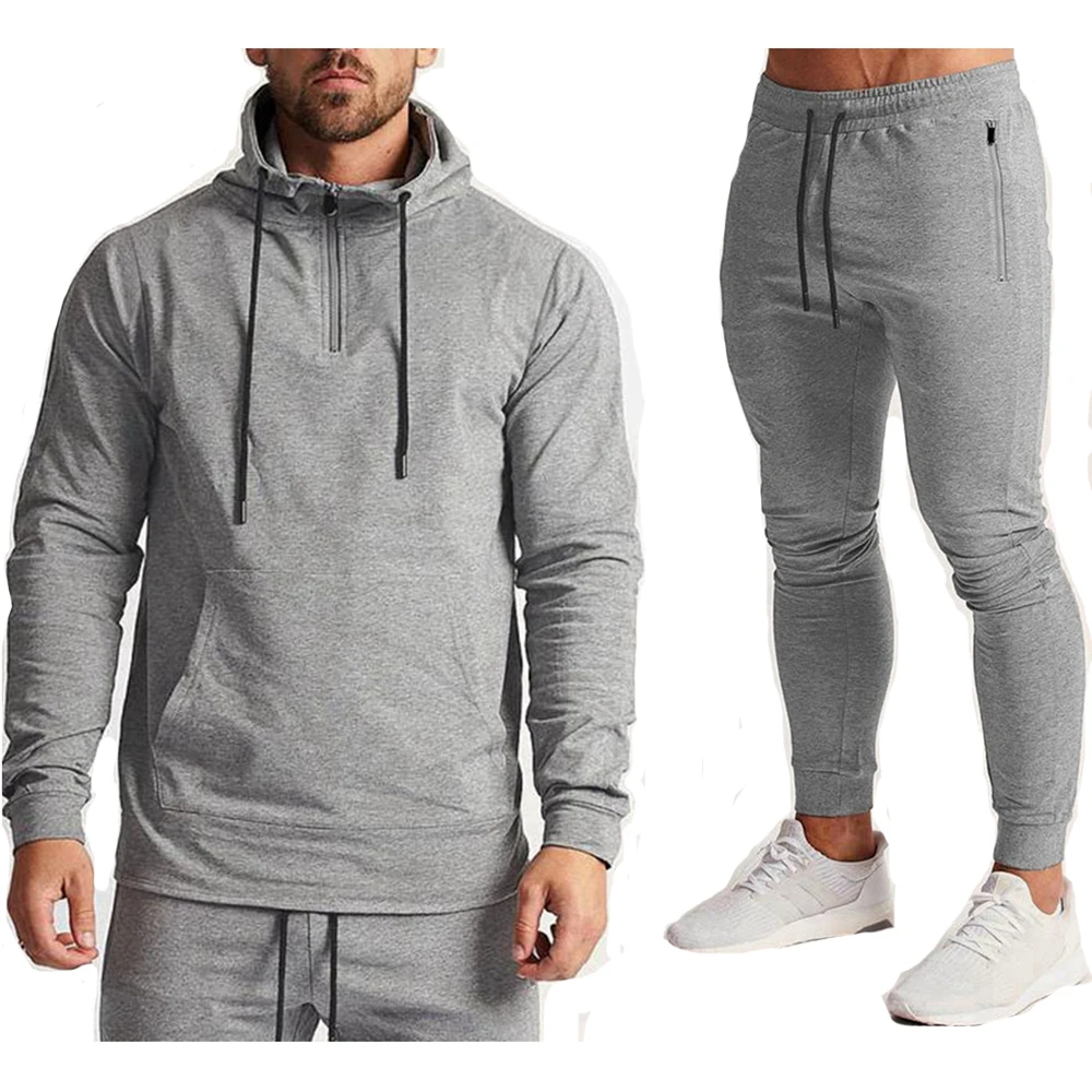 Mens Training Sets Gym Kits Grey Male Zipper Hoodie Sports Pullover Hooded Jogging Suits Running Sweatshirt Sweatpants