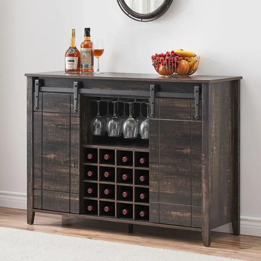 

47 Coffee Bar Cabinet w 16 Wine amp Glass Rack, Storage Shelves Farmhouse Wine Bar Sideboard w Sliding Barn Door Large Rustic Bu