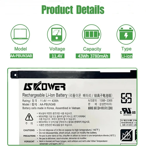 Imagen 2 del producto SKOWER AA-PBUN3AB batería para Samsung NP530E5M NP740U3M NP740U5M Notebook 5 AA-PBUN3QB NP550XTA NP300E5K NP730QAA NP800G5M