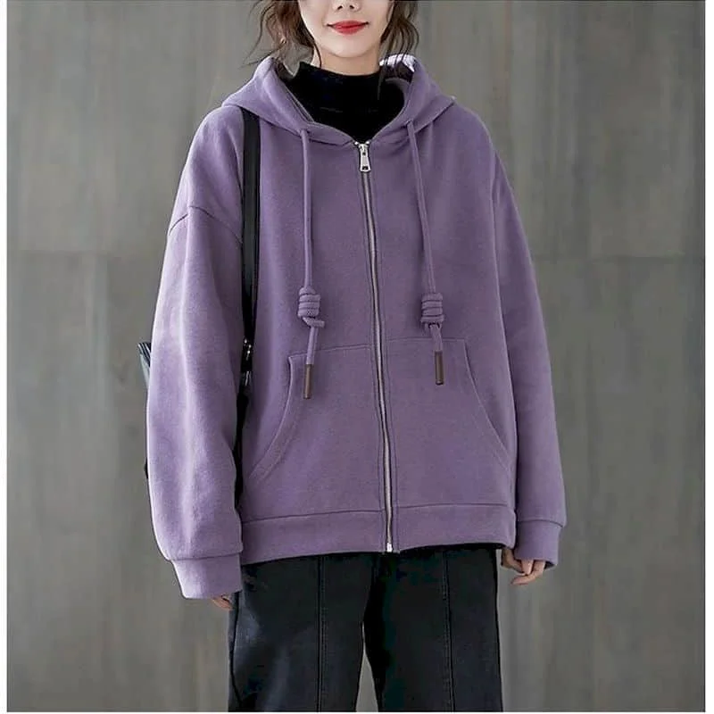 Solid Sweatshirt Coats Vintage Hooded Cardigans Long Sleeve Casual Jackets Loose Adding Velvet Thicken Korean Style Women Tops