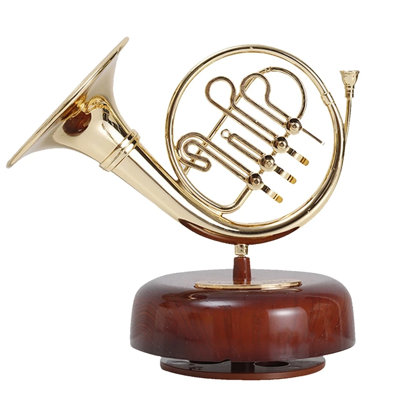 French Horn Music Box Classical Wind Up Twirling Music Box Rotating Base Brass Wind Instrument Miniature Artware Gift