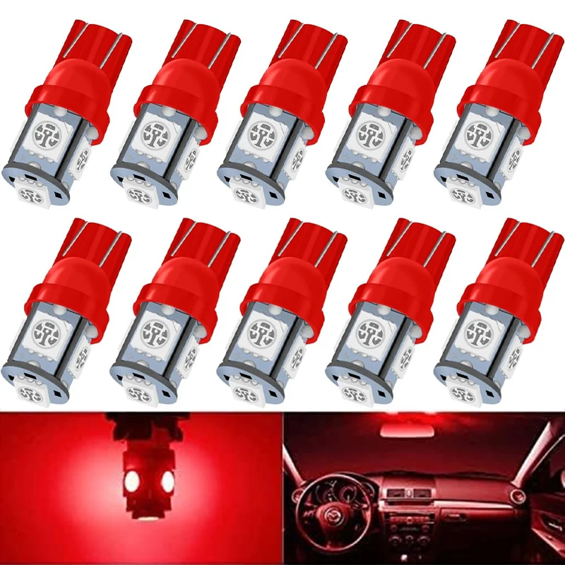 T10 Wedge 5SMD 5050 Red LED Light Bulbs W5W 2825 158 192 168 194 Interior Reading Dome Map Cargo Trunk Door Ligh White Blue