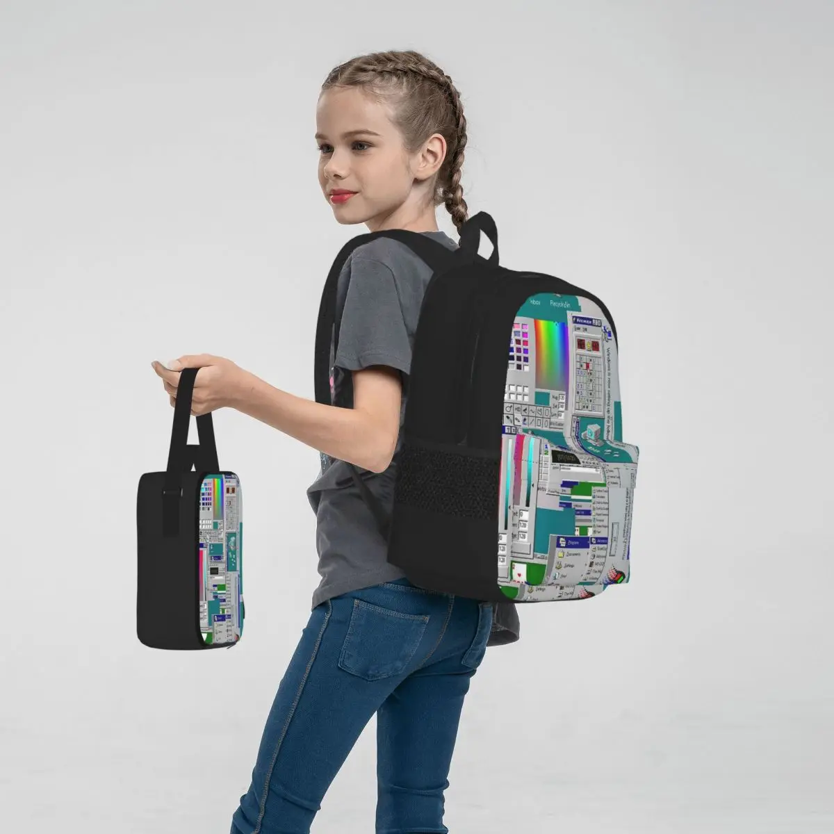 Windows 95 Mochilas Collage para Estudantes, mochilas escolares para meninos e meninas, mochila dos desenhos animados, lancheira, saco de caneta, conjunto de 3 peças