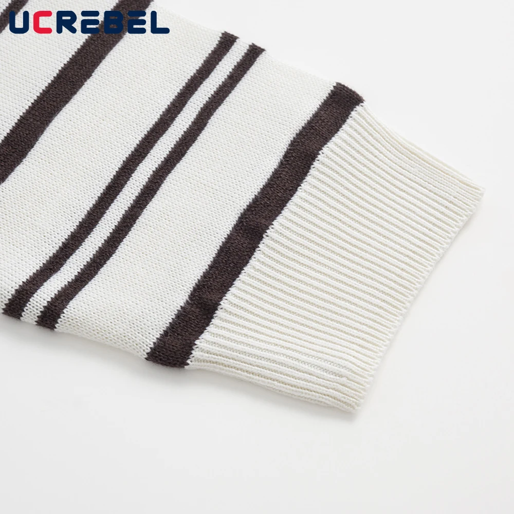 Striped Lapel Sweater Mens Letter Embroidery Retro Autumn Winter Streetwear Long Sleeve Loose Knitted Pullover Man