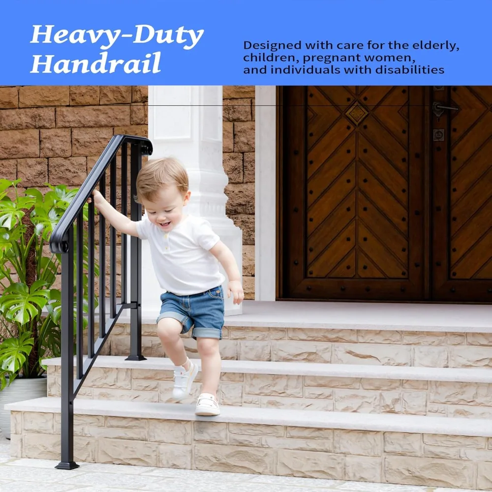 2er-Pack 3-stufige Handläufe für Außenstufen, schmiedeeisernes Treppengeländer, passend für 2 oder 3 Stufen, Metall-Handlauf mit Installationsset