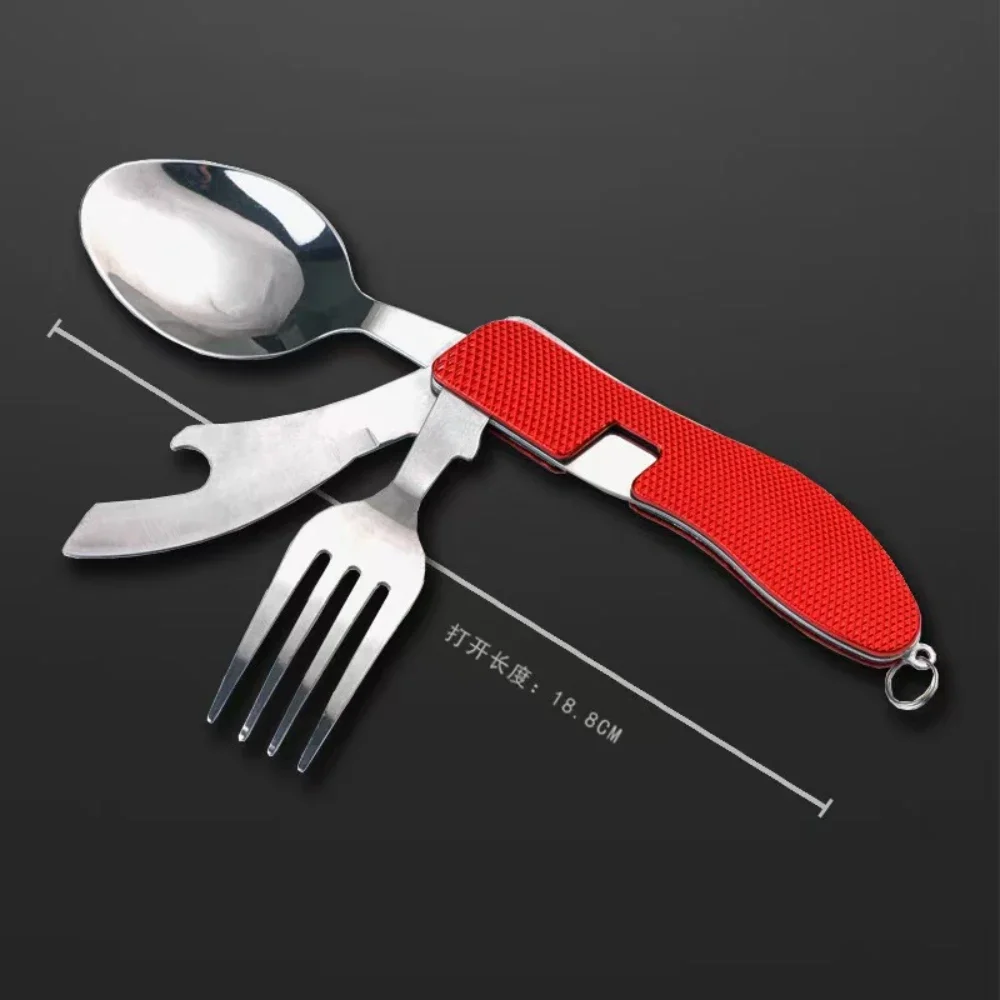 Stainless Steel Cutlery Set 4 in 1 Foldable Knife Fork Spoon Bottle Opener Outdoor Picnic Tableware Folding Pocket Tool Kit