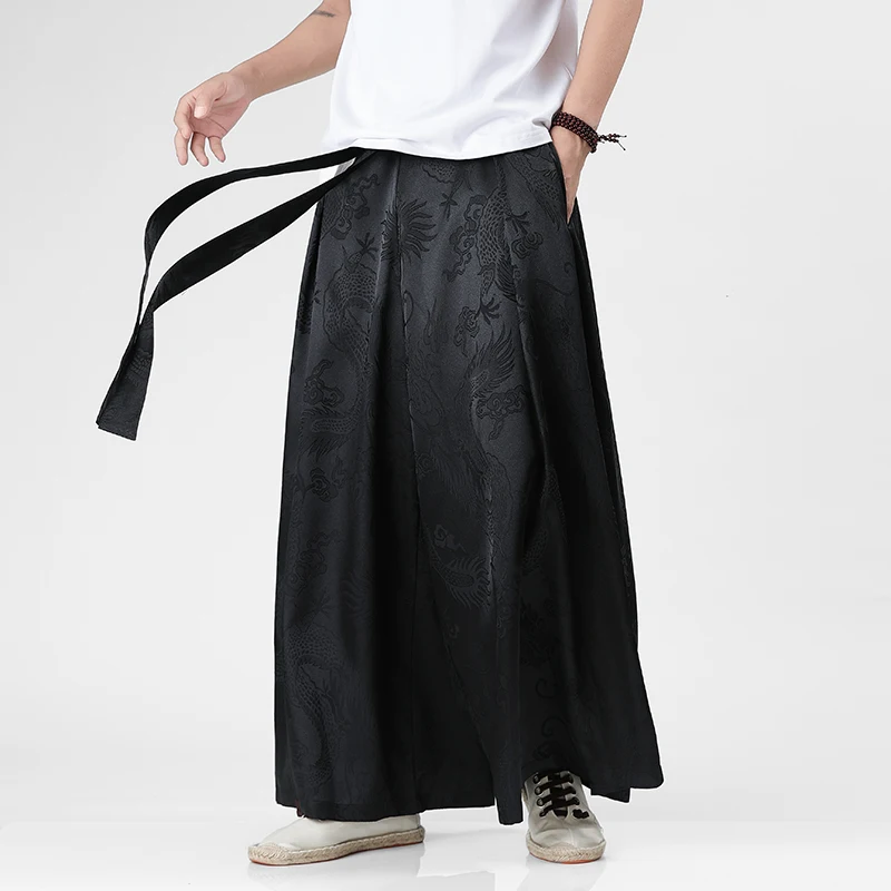 

Traditional Men's Clothing Dragon Pattern Ice Silk Wide Leg Pants 2026 Vintage Tang Suit Roupa Para Homem Taichi Man Sweatpants