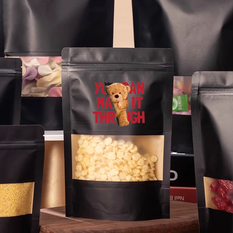 Impresión personalizada, bolsas de papel Kraft negro, cremallera de pie con ventana, galletas de comida, bocadillos de café, embalaje de papel artesanal
