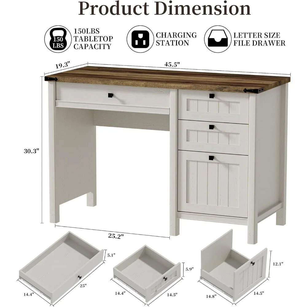مكتب تنفيذي، مكتب كمبيوتر المزرعة مع أدراج وخزانة، مكتب منزلي لمساحة عمل الكتابة ودراسة العمل (أبيض، 45 بوصة) #2