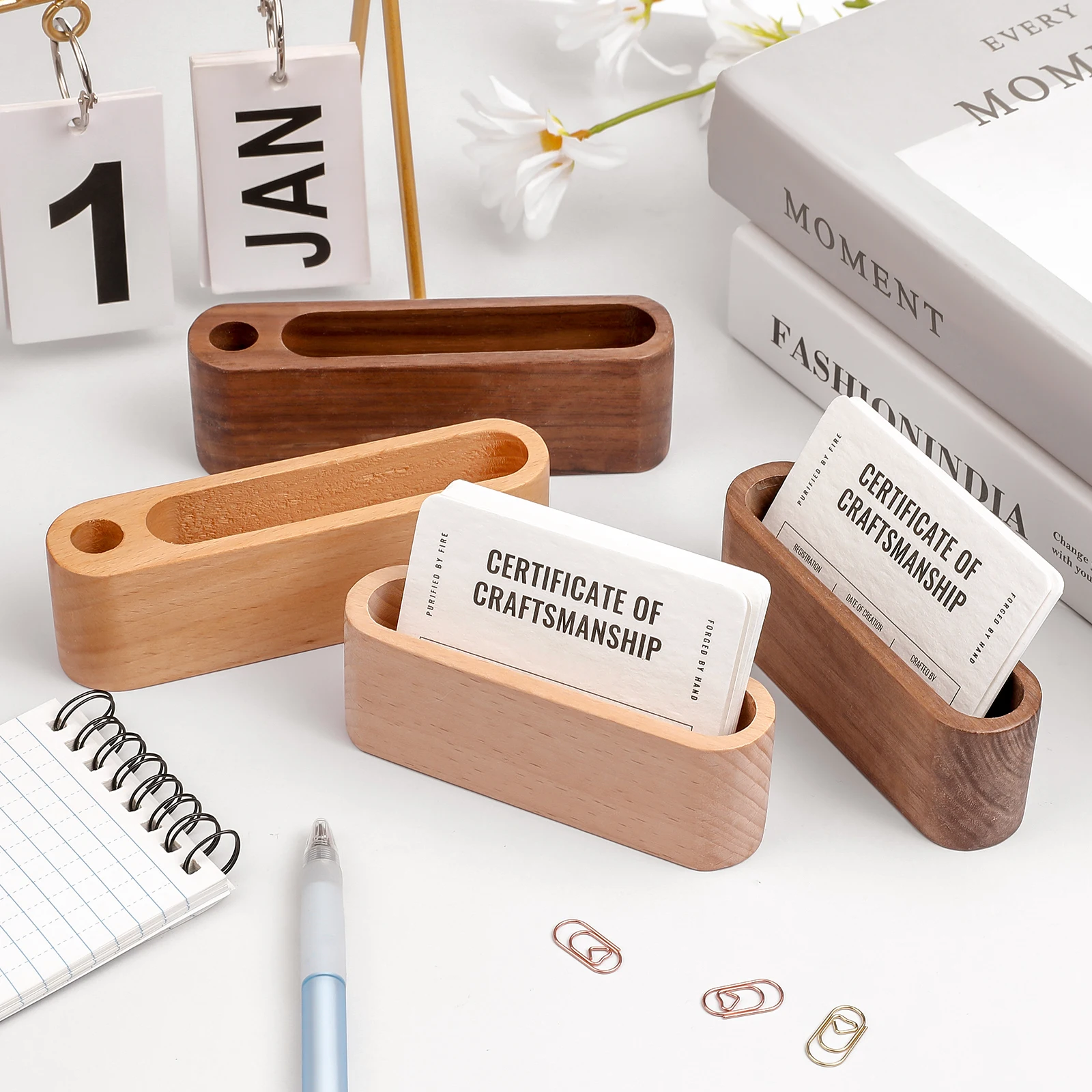 

Wood Business Card Holder with Pen Slot for Desk Wooden Display Business Memo Pad Cards Stand Box for Office Tabletop