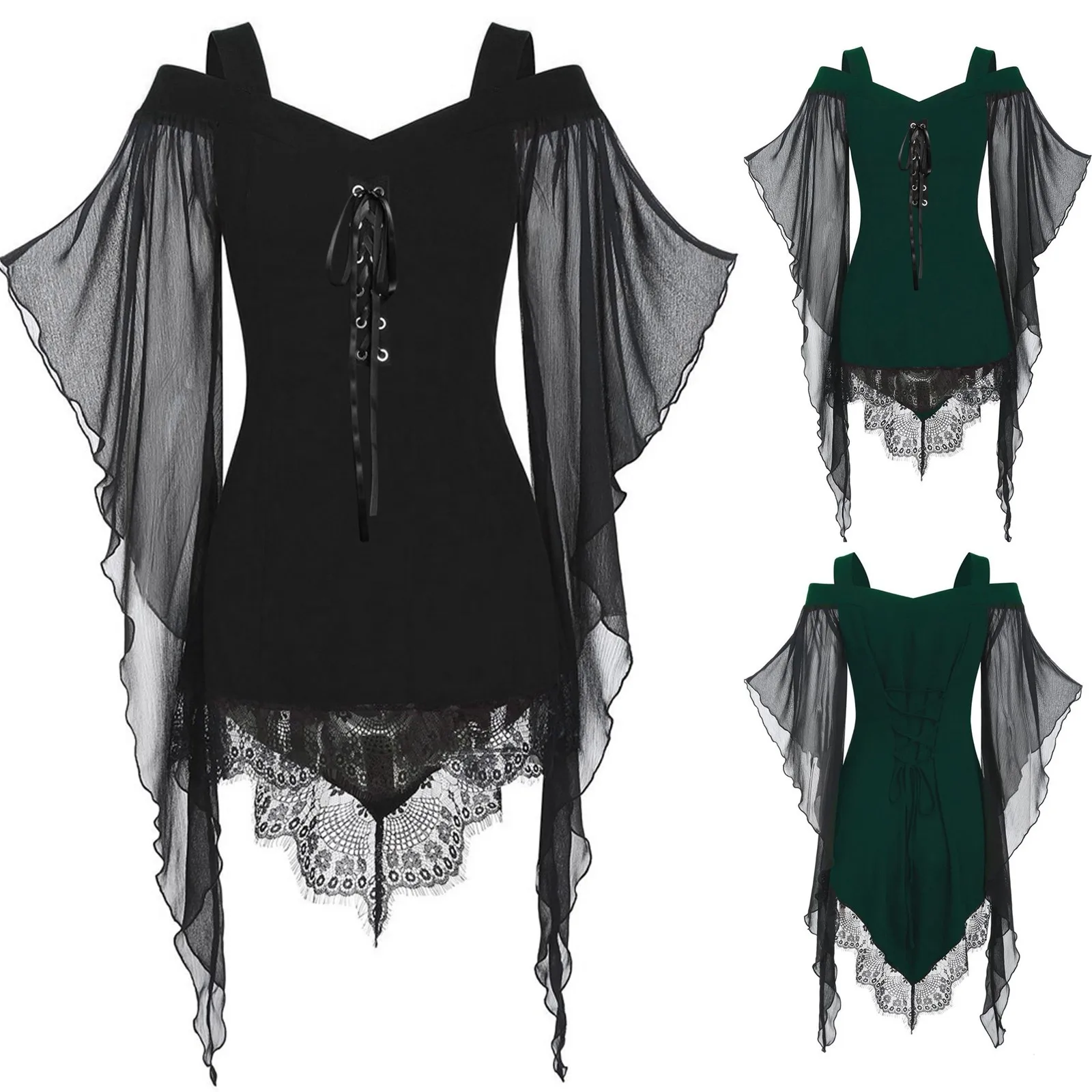 Women\'S Irregular Lace Dress Halloween Witch Top Plus-Size Gothic Lace Patchwork Top V-Neck Gauze Lace Lace Lacing Sexy Dress