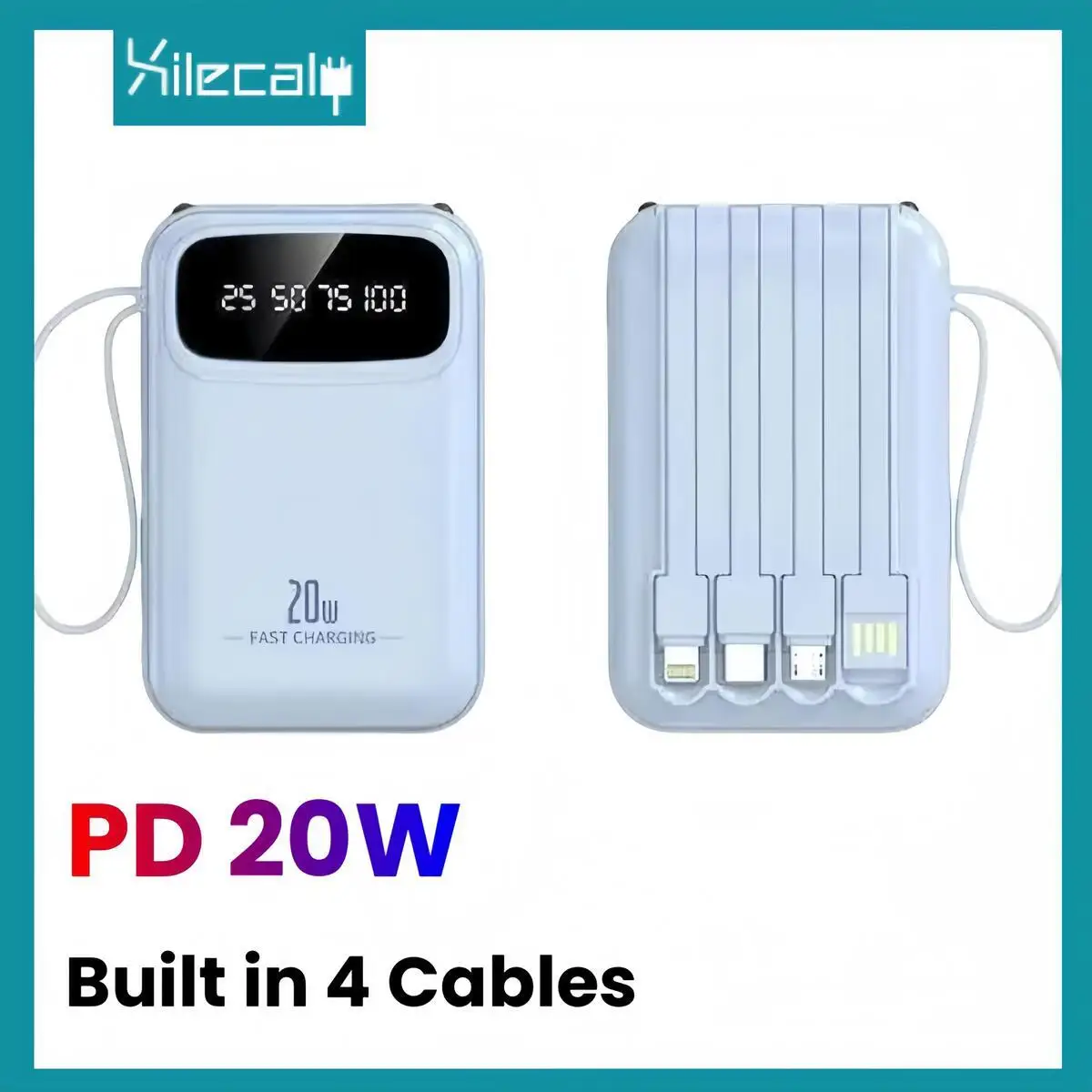 

20000 мАч 4 в 1 со встроенным кабелем Power Bank, портативное зарядное устройство с быстрой зарядкой 22,5 Вт, ультратонкий внешний аккумулятор для iPhone Samsung