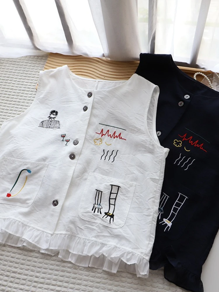 

Korobov Summer Korean O Neck Sleeveless Embroidery Cartoon Single Breasted Pockets Loose Women Shirt