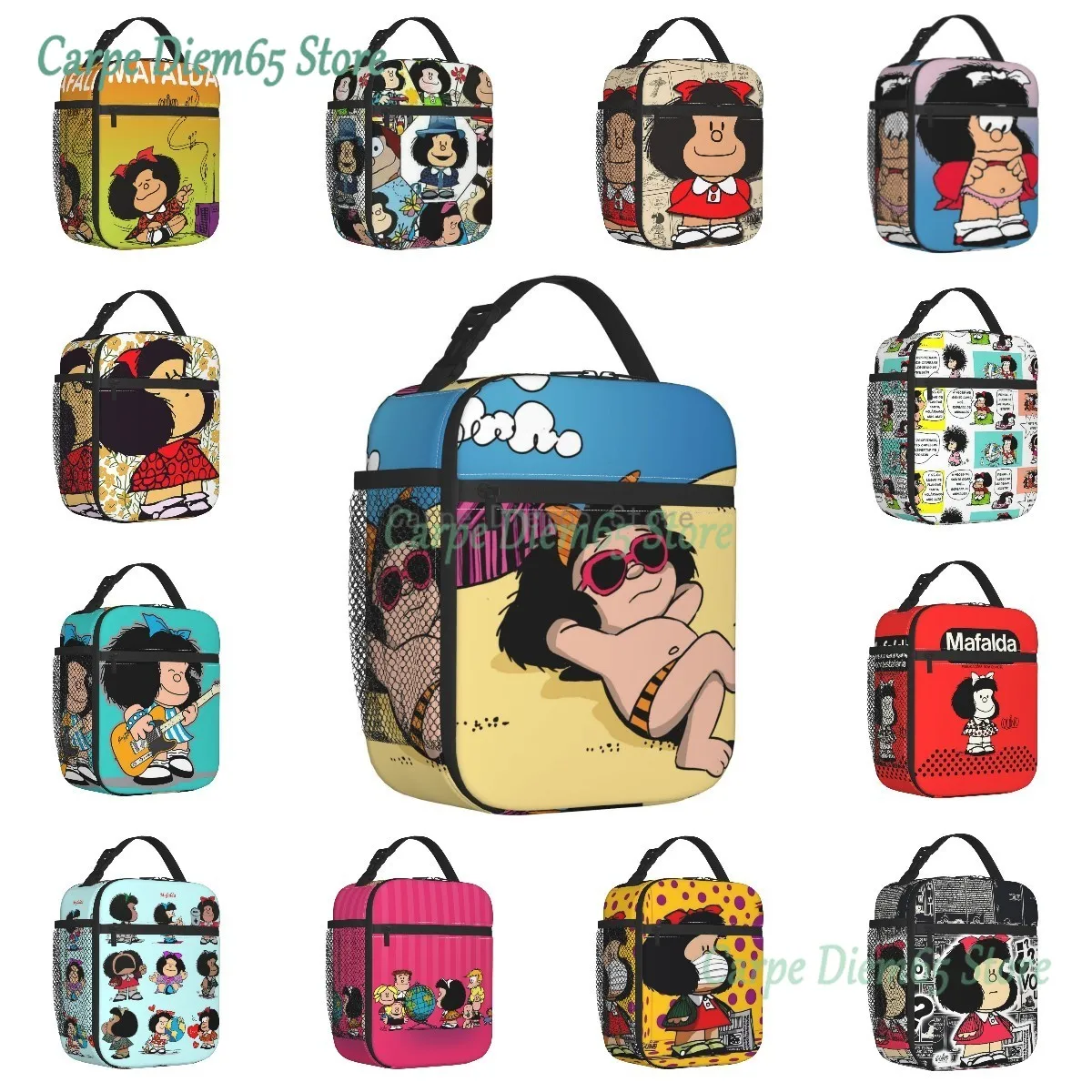 

Funny Mafalda Insulated Lunch Bag for Women Resuable Quino Comic Cartoon Cooler Thermal Lunch Box Office Work School