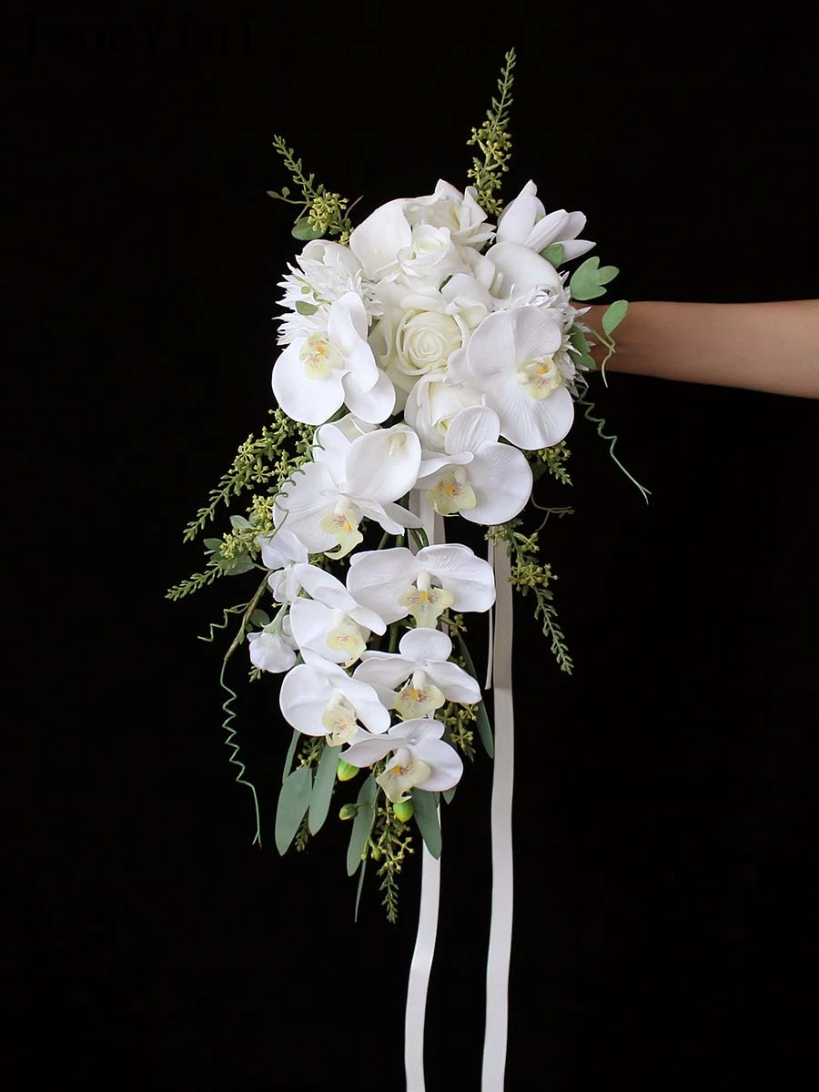 JaneVini White Butterfly Orchid Waterfall Wedding Bouquet Bride Artificial Cascading Bridal Flowers Bouquet Fleur Artificielle