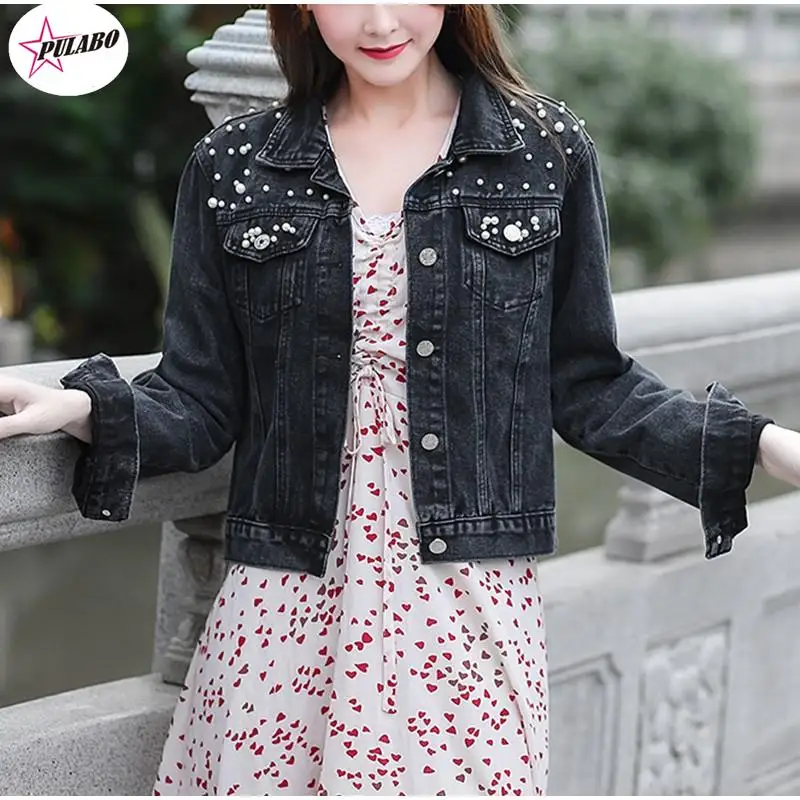 Pearl Beading Short Denim Jackets 3Xl 5Xl Women White Wash Long Sleeve Vintage Casual Jean Jacket Bomber Denim Coat