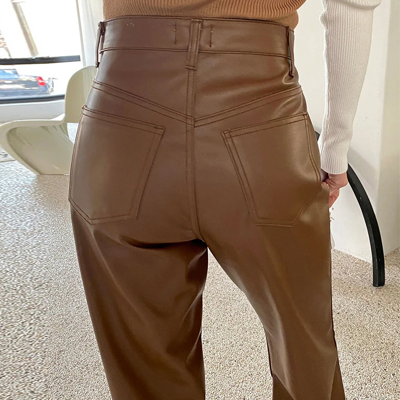 Genuine Leather Long Pants for Women Fall Winter Vintage Casual  Female Straight Leg Sheepskin Pants Fashion High Waist Trousers