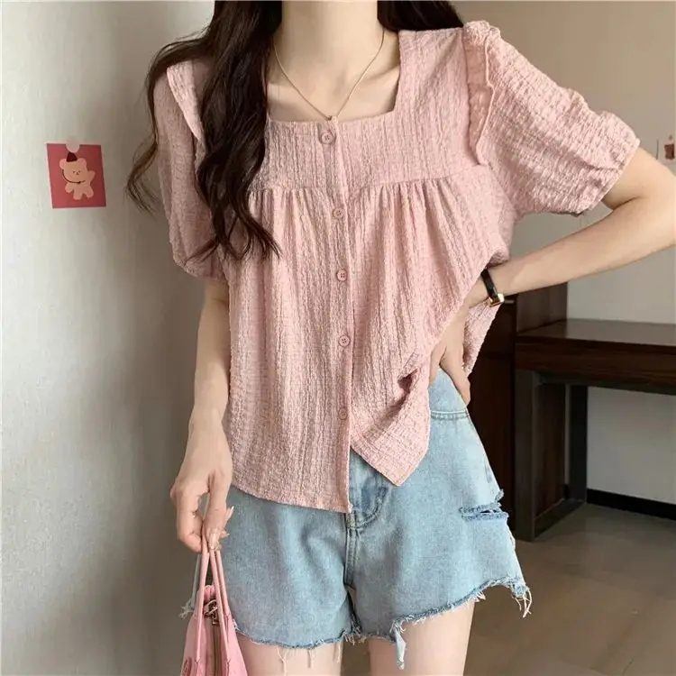 夏の韓国風フリルシャツと甘いフレンチトップ